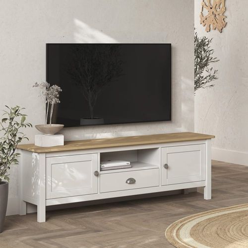 Meuble Tv 2 Portes 1 Tiroir En Pin Massif Blanc / Effet Chêne 158 Cm