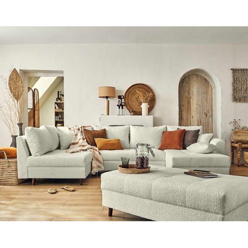 Canapé D'angle Gauche Convertible 7 Places En Tissu Bouclette Beige