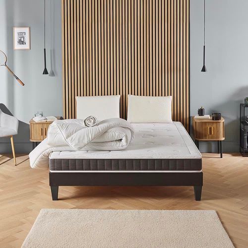 Pack 160x200 cm Matelas + Sommier Bois + Accessoires