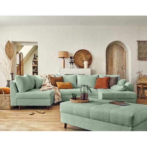 Canapé D'angle Gauche Convertible 7 Places En Tissu Bouclette Vert