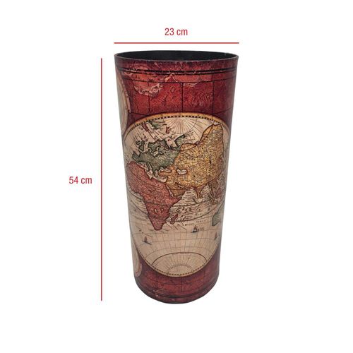 Porte parapluie carte du monde en toile bois beige et rouge