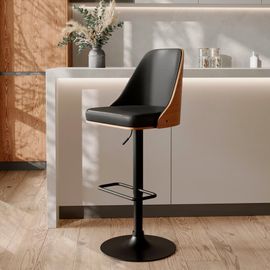 Chaise De Bar Réglable Et Pivotante En Bois Foncé Et Pu Noir 56/77 Cm