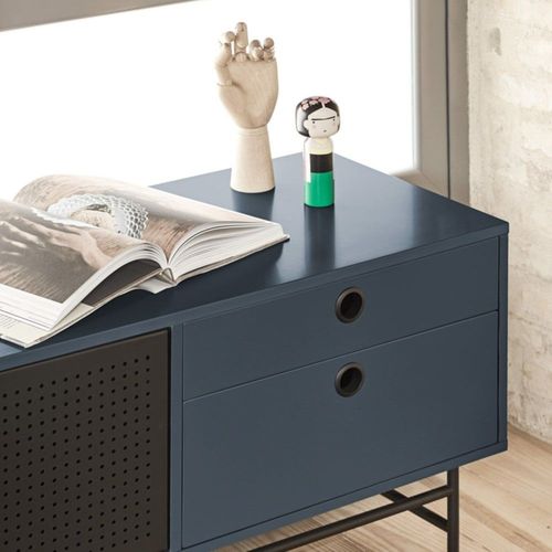 Meuble Tv Design 180cm En Bois Et Métal Perforé Bleu Foncé