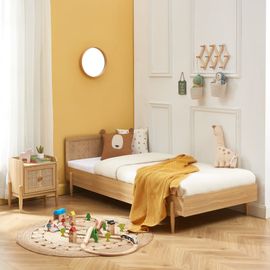 Lit Enfant Cannage Rotin Et Effet Bois 90x190 Sommier Inclus