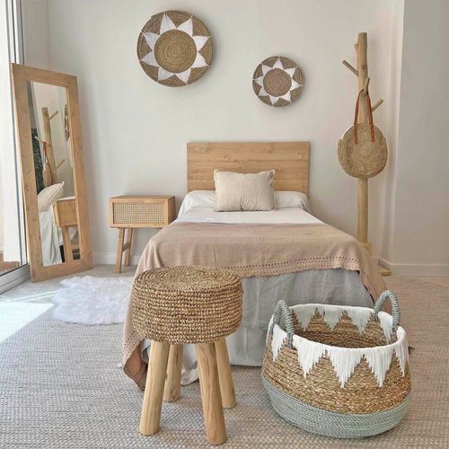 Tabouret En Raphia Et Bois Teck D.32 X 45 Cm