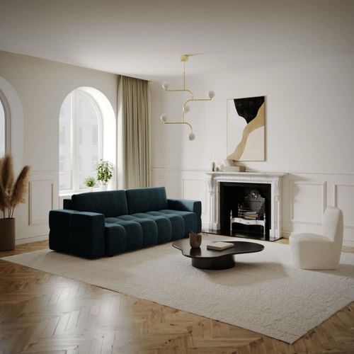 Canapé 4 Places Convertible Coffre Noyer Velours Bleu Paon