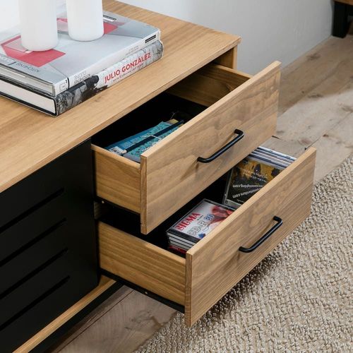 Meuble Tv 2 Portes 2 Tiroirs Effet Bois / Noir 141 Cm