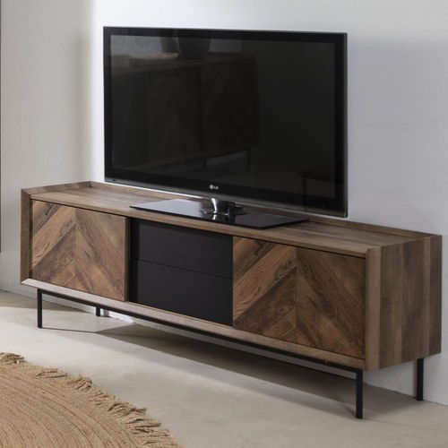 Meuble Tv 2 Portes 2 Tiroirs Effet Chêne À Chevrons / Noir 147 Cm
