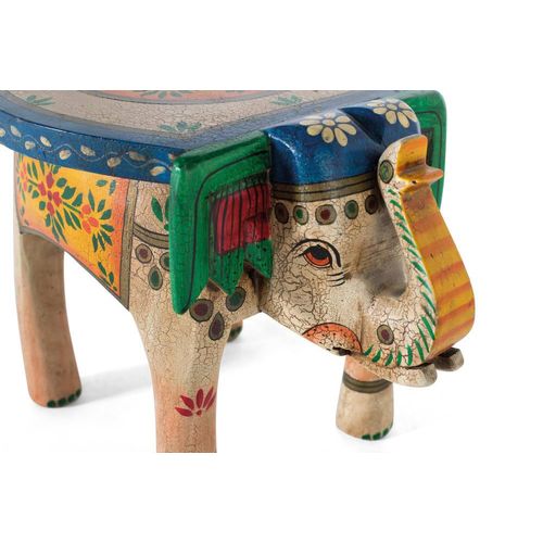 Tabouret En Bois De Manguier Peint À La Main Avec Détails Multicolores