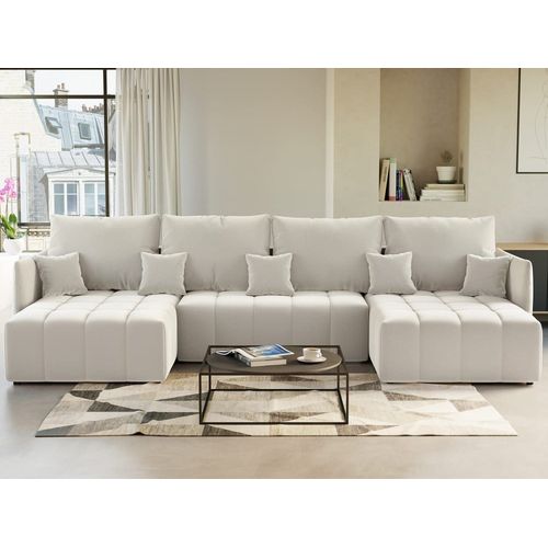 Canapé Panoramique 7 Places En U En Velours Beige