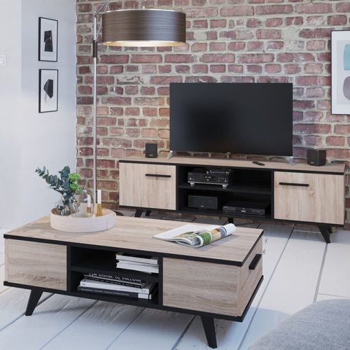 Meuble Tv 2 Portes Et 2 Niches L151,4 Cm - Décor Chêne Et Noir