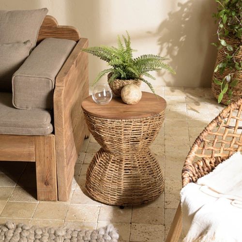Tabouret Beige Assise En Bois De Teck Recyclé