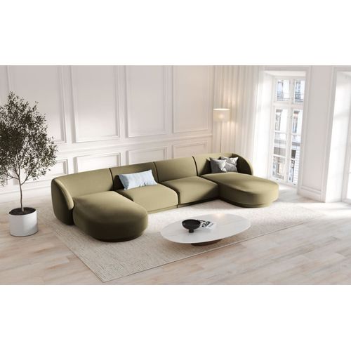 Canapé Panoramique 5 Places En Tissu Velours Vert
