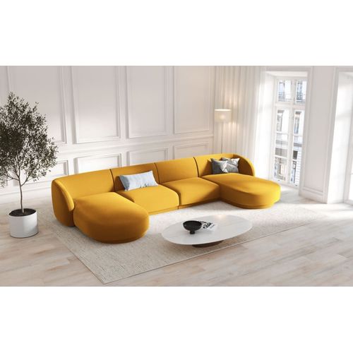 Canapé Panoramique 5 Places En Tissu Velours Jaune