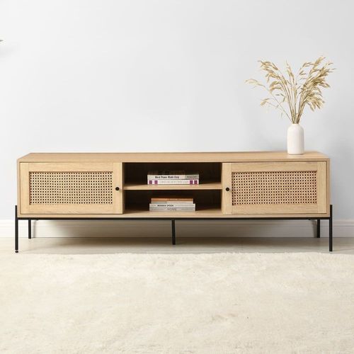 Meuble Tv 2 Portes En Cannage Naturel Et Effet Chêne 160 Cm