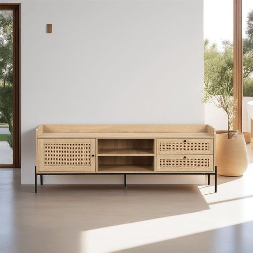 Meuble Tv 1 Porte 2 Tiroirs En Cannage Naturel Et Effet Chêne 160 Cm