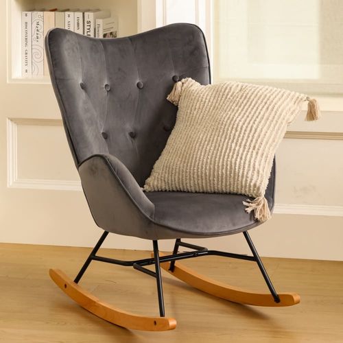 Fauteuil À Bascule Scandinave Velours Gris Pieds En Bois De Hêtre