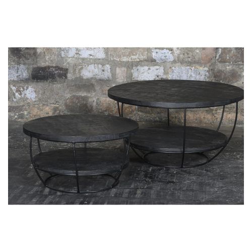Table Basse Ronde D.85 Cm En Manguier Teinté Noir Et Métal