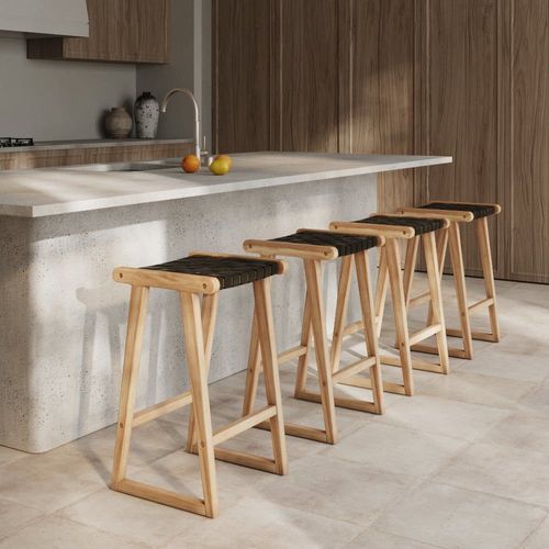 Tabouret Pour Îlot Central 65 Cm En Teck Et Cuir Tressé Noir