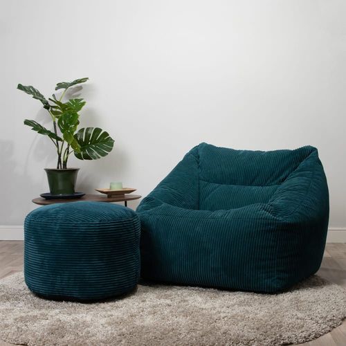 Pouf Fauteuil Avec Repose-Pied Rond Velours Côtelé Bleu Canard