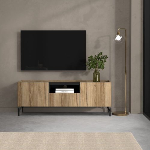 Meuble Tv 2 Portes, 1 Tiroir, 1 Niche Décor Bois Et Noir Mat L147 Cm