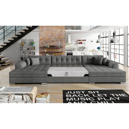Canapé D'angle Panoramique 5 Places Convertible En Tissu - Gris Foncé