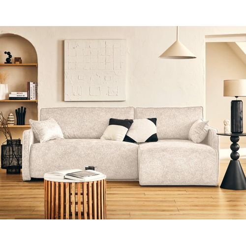 Canapé D'angle Réversible Convertible 4 Places En Tissu Moucheté Beige