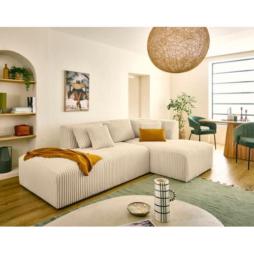 Canapé Modulable 4 Places Angle Droit En Velours Grosses Côtes Beige