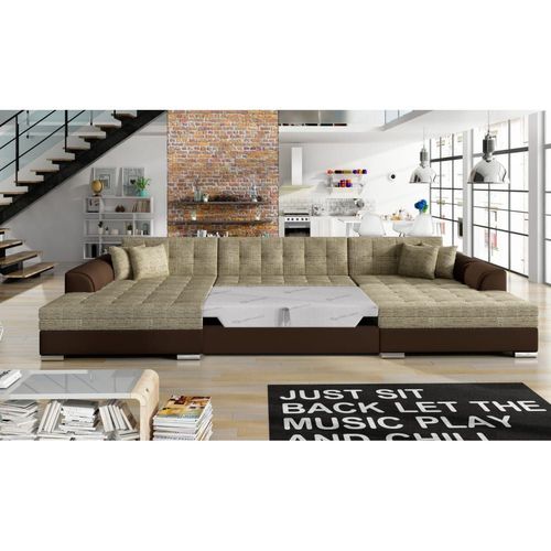 Canapé D'angle Panoramique 5 Places En Simili Et Tissu Marron/Beige