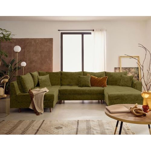 Canapé Panoramique 7 Places Angle Gauche En Velours Texturé Vert Olive