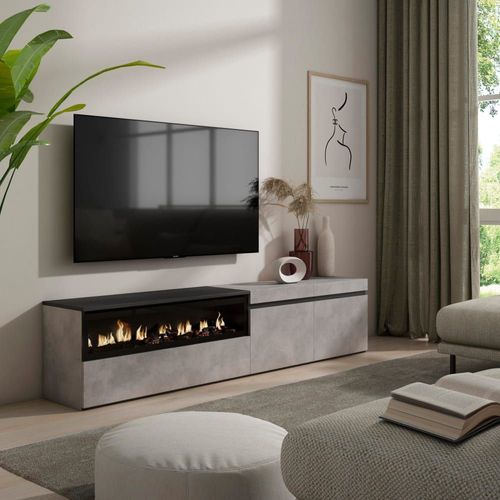 Meuble Tv Effet Bois Ciment 200x35x45cm Cheminée Effet Feu