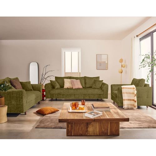 Canapé Droit 2 Places En Velours Texturé Vert Olive