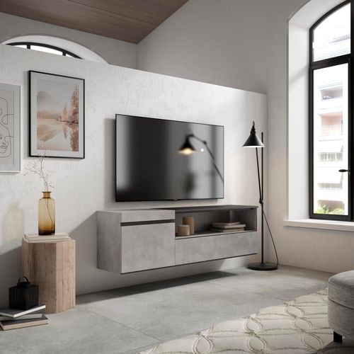 Meuble Tv Effet Bois Ciment 150x35x45cm Suspendu