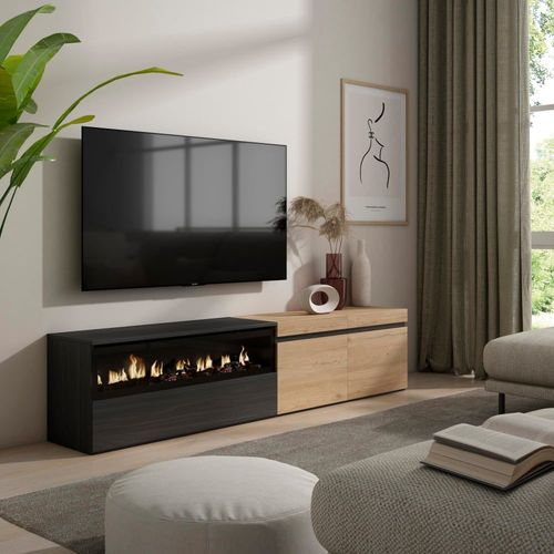 Meuble Tv Effet Bois Chêne Et Noir 200x35x45cm Cheminée Effet Feu