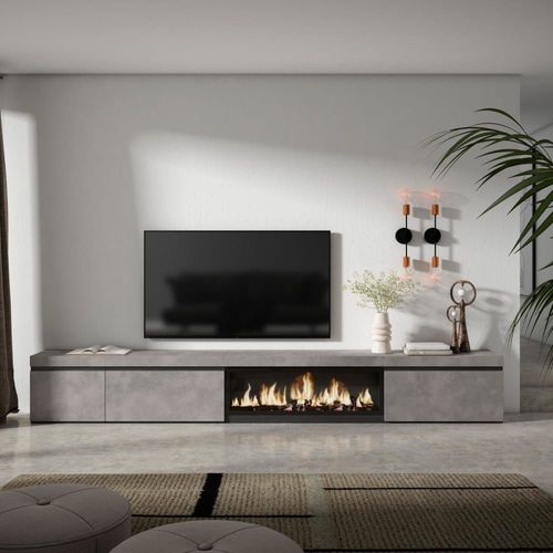 Meuble Tv Effet Bois Ciment 317x35x45cm Cheminée Effet Feu Xxl