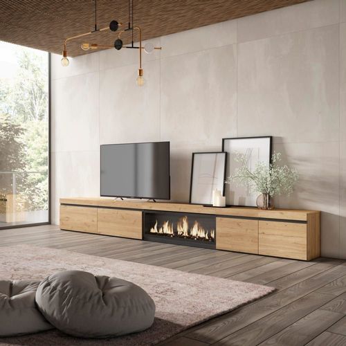 Meuble Tv Effet Bois De Chêne 368x35x45cm Cheminée Effet Feu Xxl