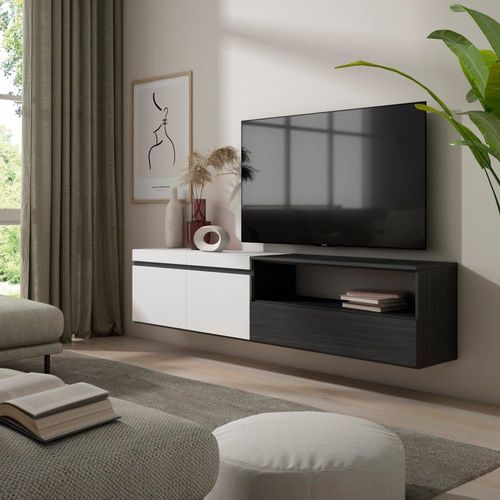 Meuble Tv Effet Bois Blanc Et Noir 200x35x45cm Suspendu