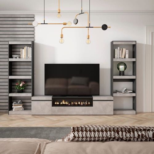 Ensemble Meuble Tv Effet Bois Ciment 320x35x186cm Cheminée Effet Feu