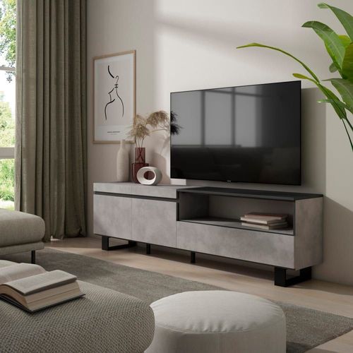 Meuble Tv Effet Bois Ciment 200x35x57cm Avec Pieds