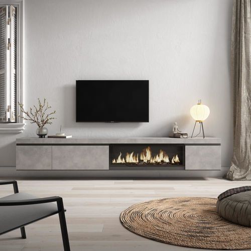 Meuble Tv Effet Bois Ciment 288x35x45cm Cheminée Effet Feu Xxl