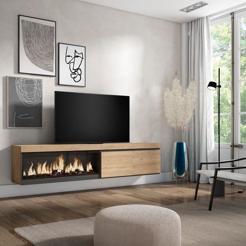 Meuble Tv Effet Bois Chêne 208x35x45cm Cheminée Effet Feu Xxl