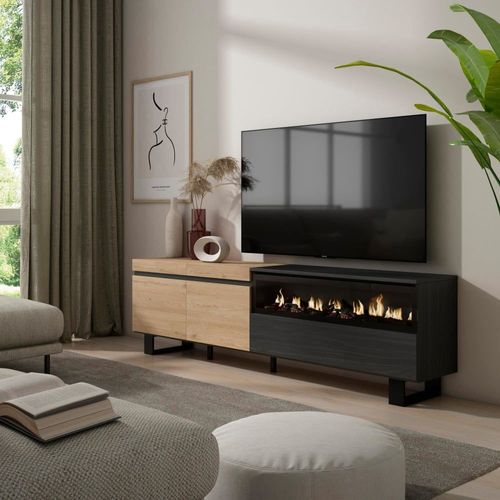 Meuble Tv Effet Bois Chêne Et Noir 200x35x57cm Cheminée Effet Feu