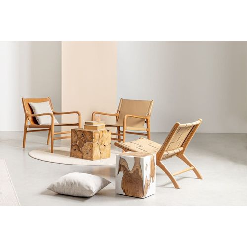 Fauteuil Lounge En Bois Teck Et Cuir Pleine Fleur Marron Clair
