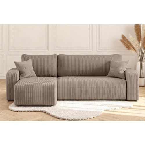 Canapé D'angle Convertible 3 Places En Velours Cotelé Taupe