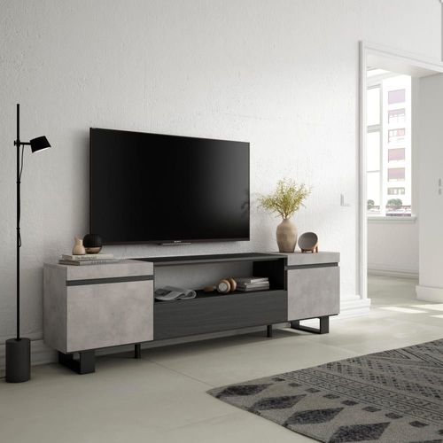 Meuble Tv Effet Bois Ciment 200x35x57cm Avec Pieds