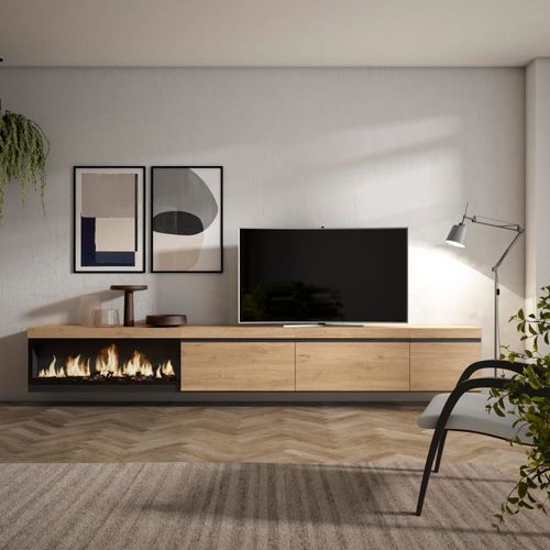 Meuble Tv Effet Bois De Chêne 317x35x45cm Cheminée Effet Feu Xxl