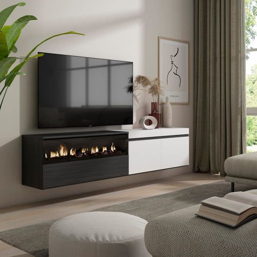 Meuble Tv Effet Bois Blanc Et Noir 200x35x45cm Cheminée Effet Feu