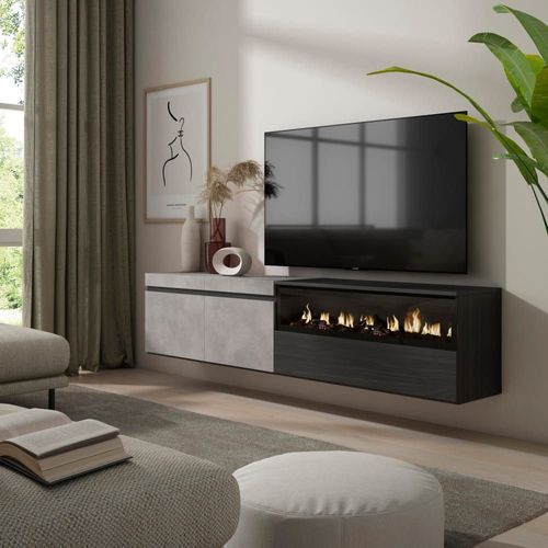 Meuble Tv Effet Bois Ciment 200x35x45cm Cheminée Effet Feu
