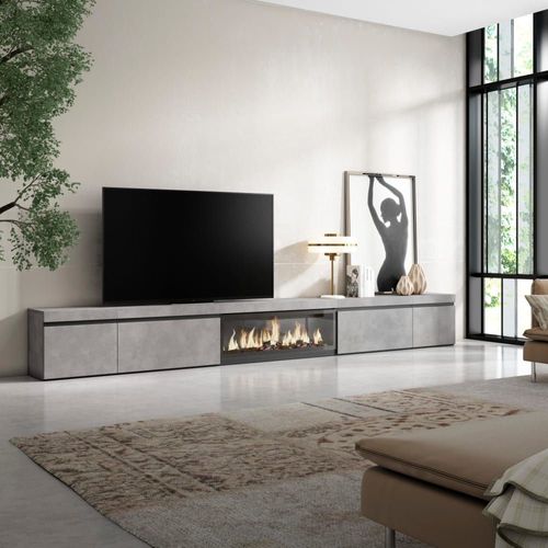 Meuble Tv Effet Bois Ciment 368x35x45cm Cheminée Effet Feu Xxl
