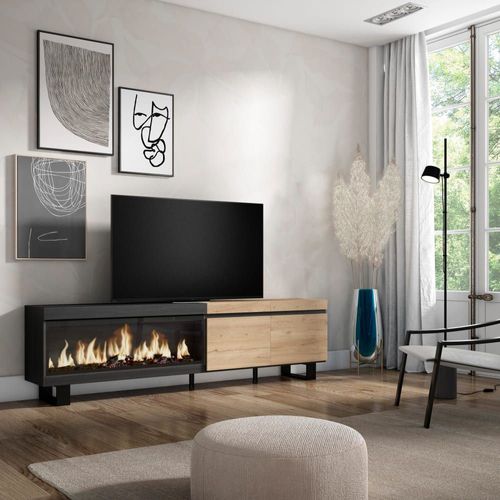 Meuble Tv Effet Bois Chêne Et Noir 208x35x57cm Cheminée Effet Feu Xxl